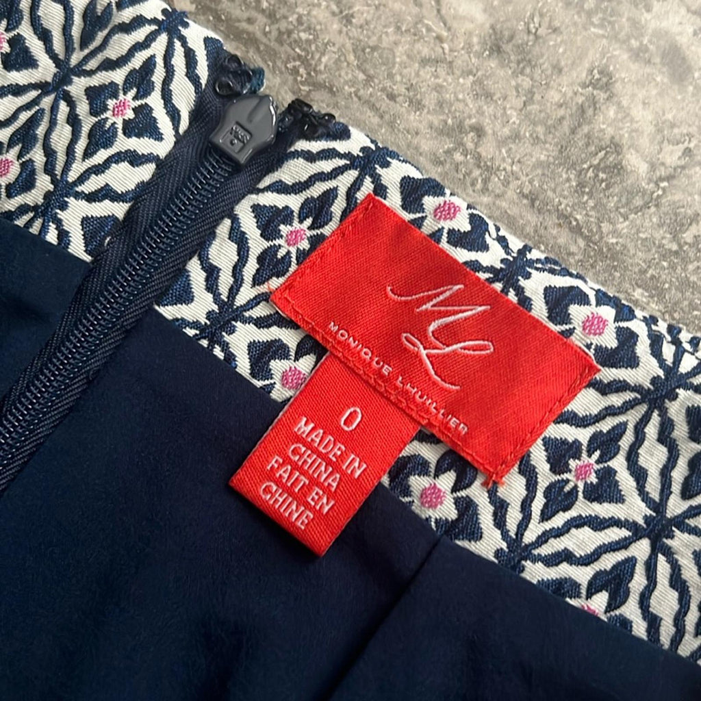 ML Monique Lhuillier Jacquard Ruffle Skirt, Navy Multi Size 0 New w/Tag $395