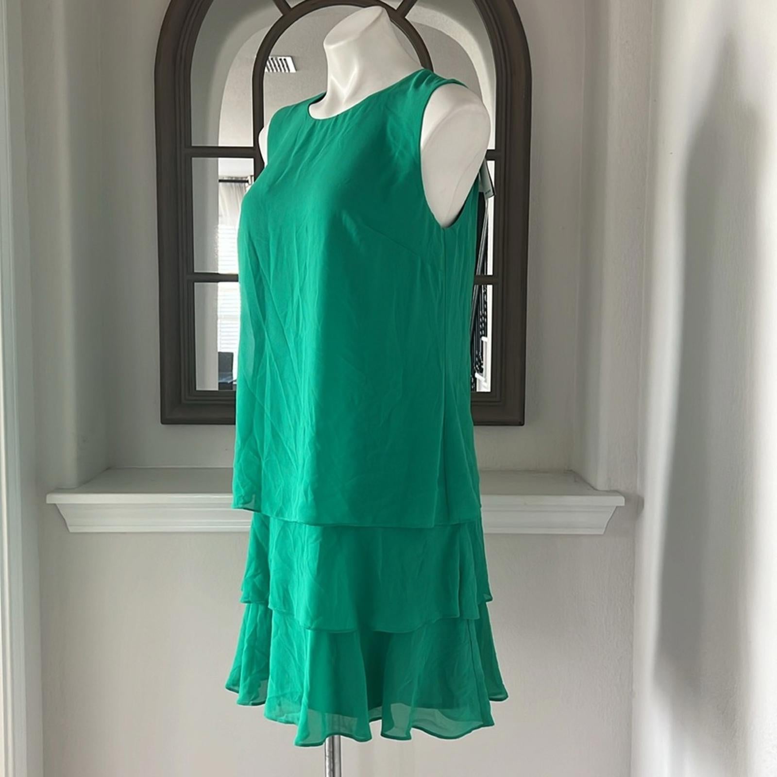 Lauren Ralph Lauren Round Neck Georgette Ruffled Shift Dress, Green Size 8 NWT