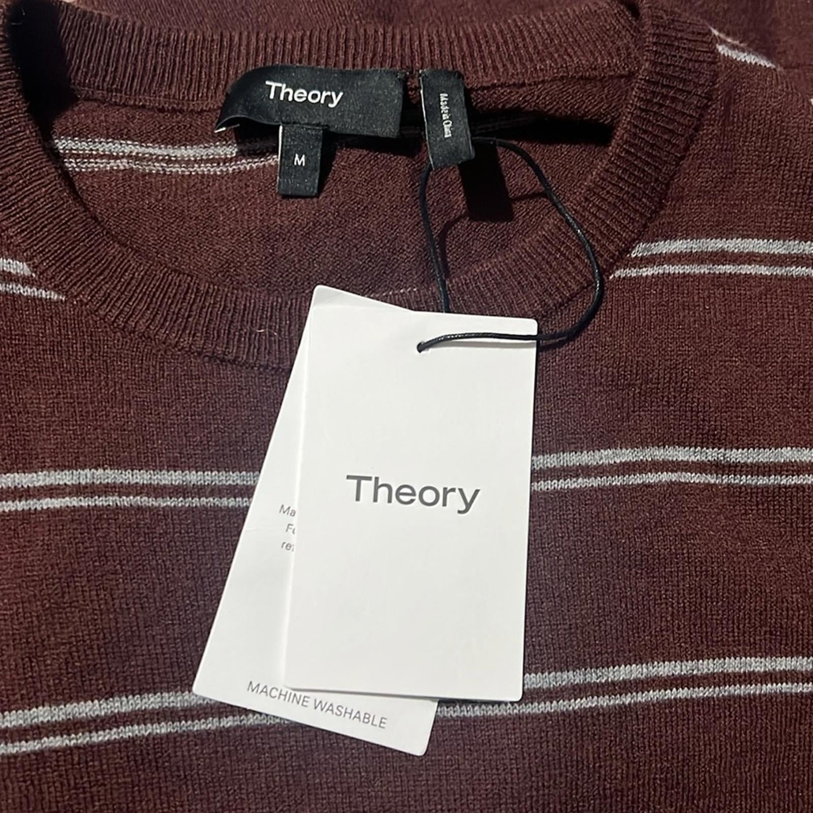 Theory Riland Harman Stripe Wool-Blend Sweater in Chianti/Grey Size M NWT $325