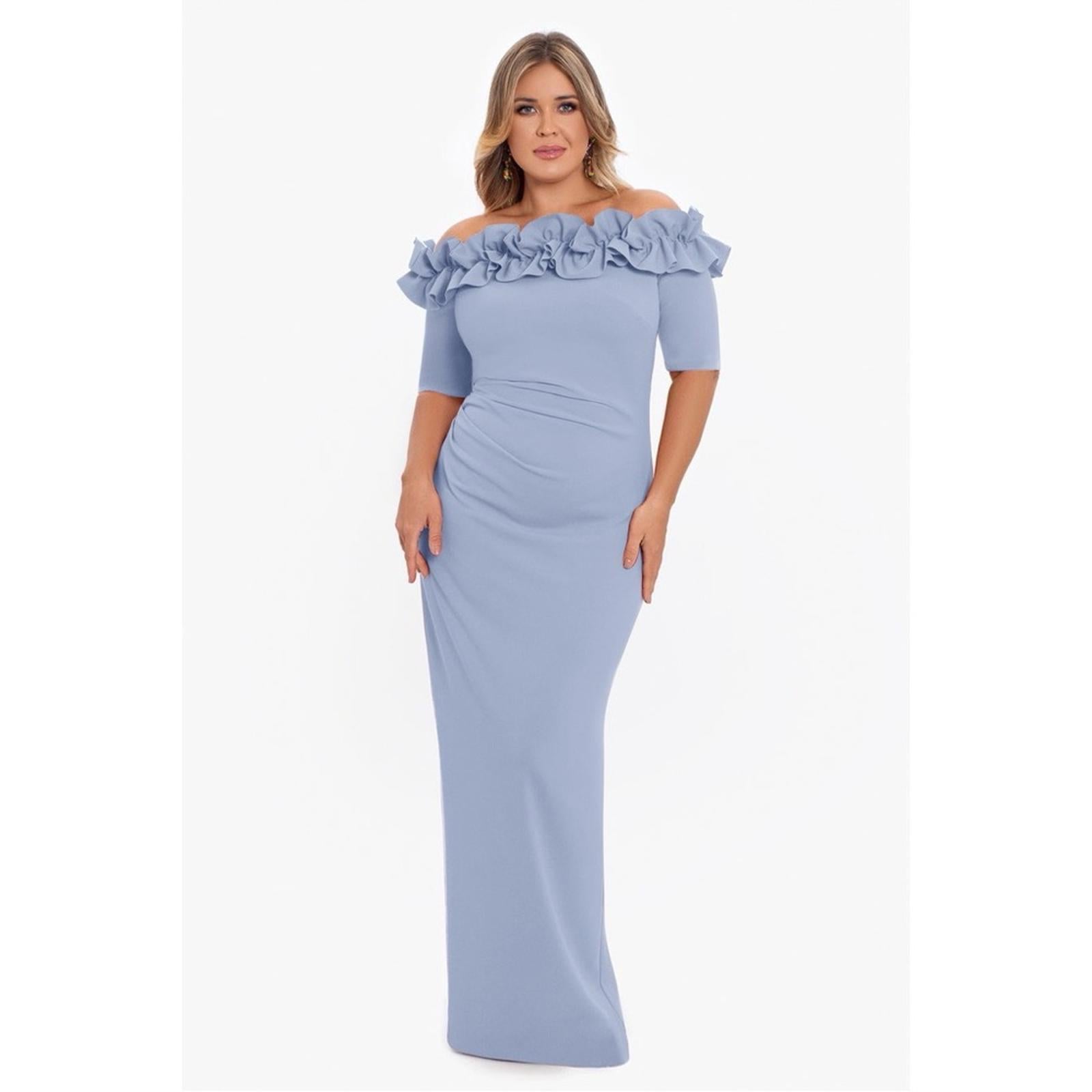 XSCAPE "Isla" Long Crêpe Off-the-Shoulder Ruffle Dress, 16W NEW $249 (Sold Out)
