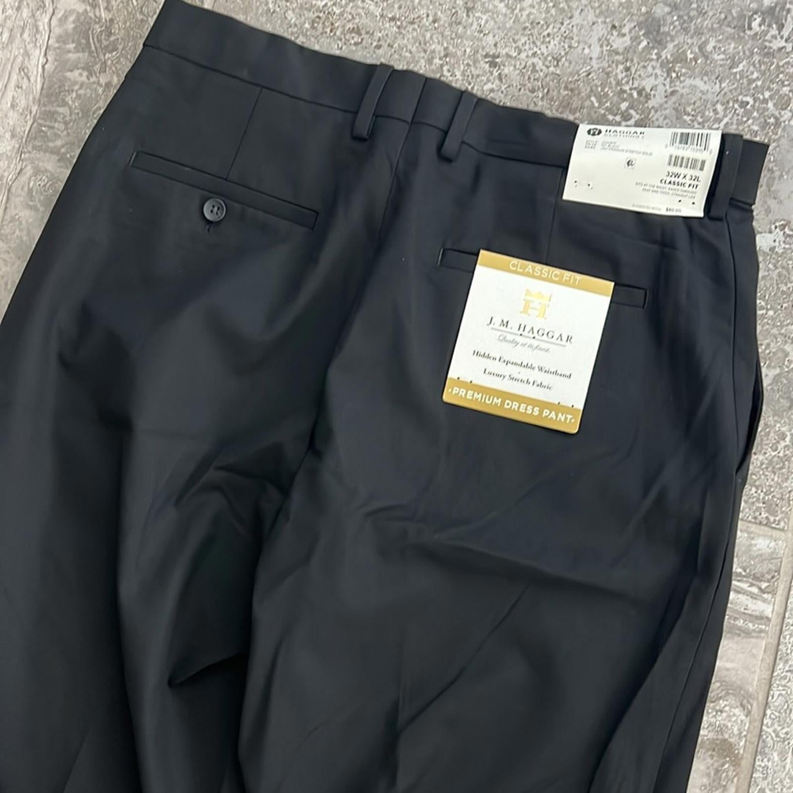 J.M. Haggar Premium Stretch Suit Pant - Flat Front, Black Size 32W 32L New w/Tag