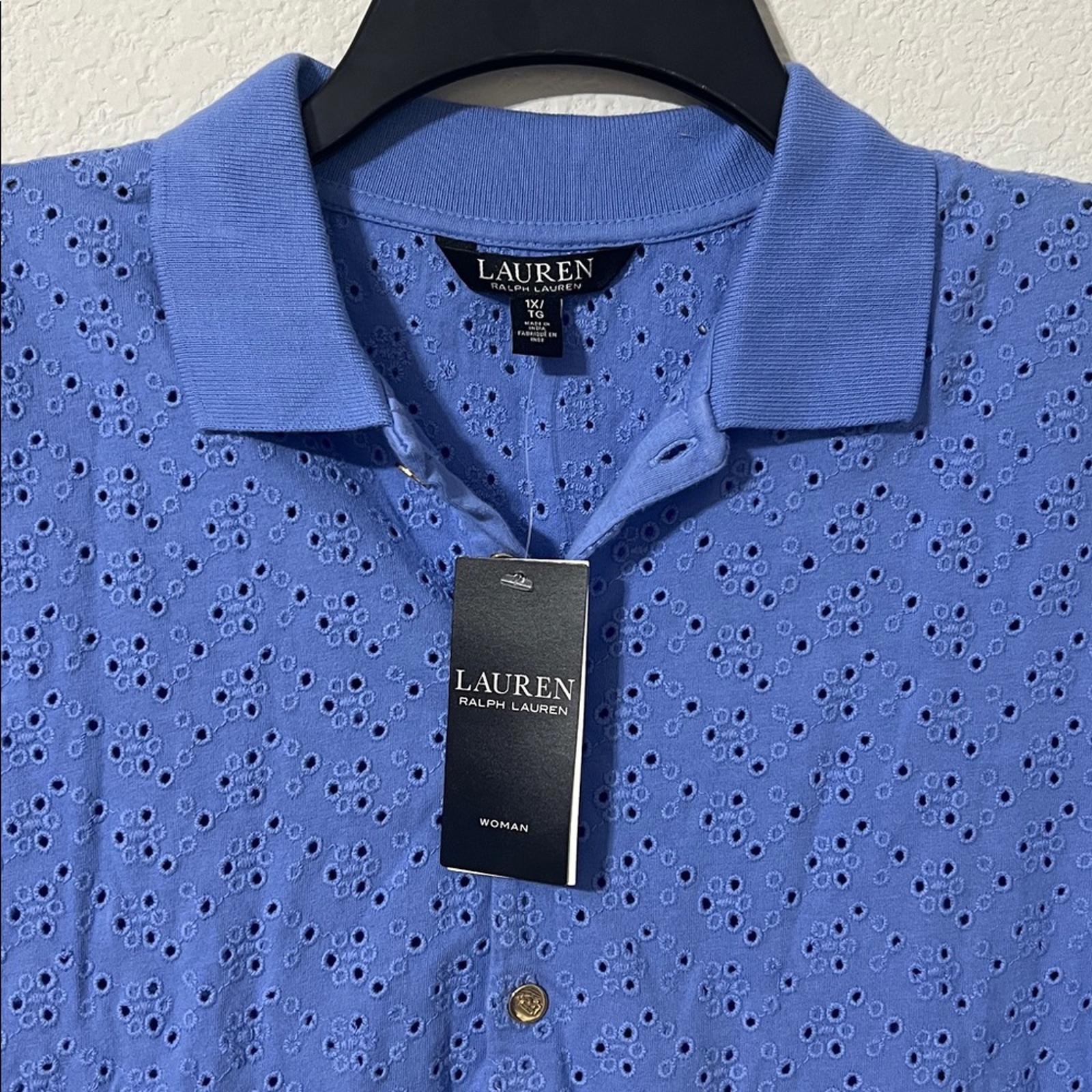 Lauren Ralph Lauren Blue Eyelet Logo Short Sleeve Collared Polo Top Size 1X NWT