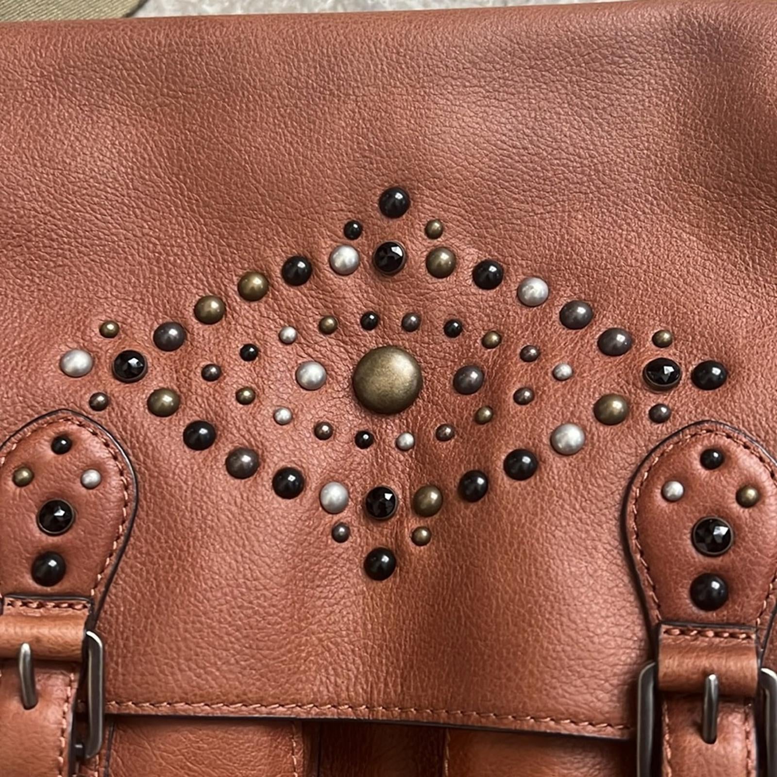 Ralph Lauren Studded Leather Noa Crossbody with Front Pockets, Brown, New w/Tag