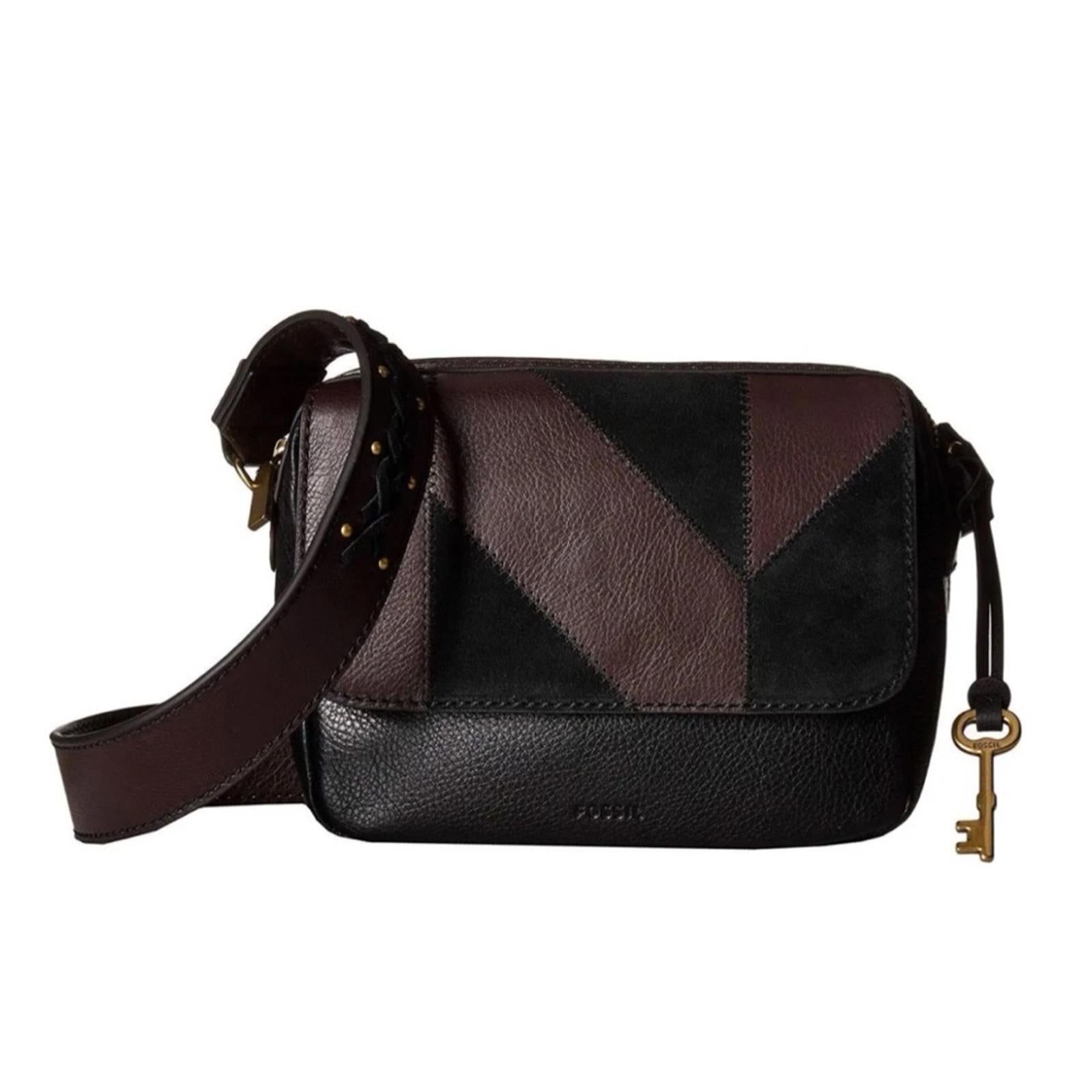 Fossil Aria Cow Hide Leather Shoulder Bag, Patchwork Black & Brown, Retail $178