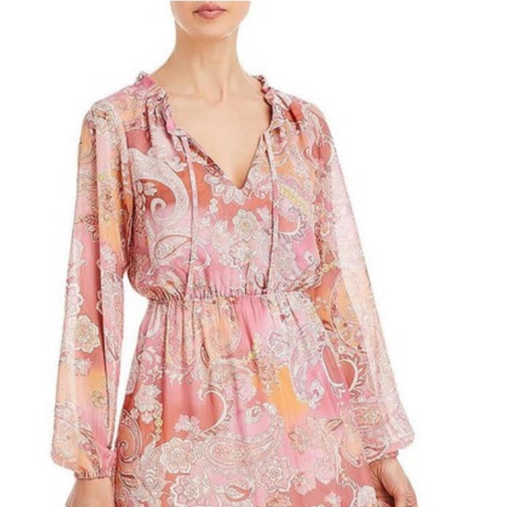 Aqua Chiffon Printed Tiered Maxi Dress, Pink Multi Size S New w/Tag Retail $118
