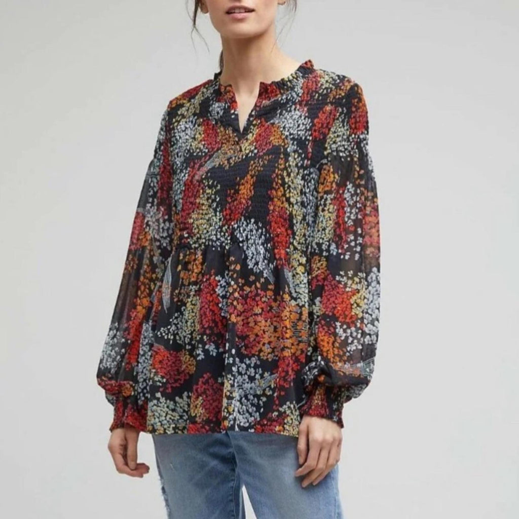 Anthropologie Akemi + Kin Balloon Sleeve Floral Chiffon Smocked Top Size S