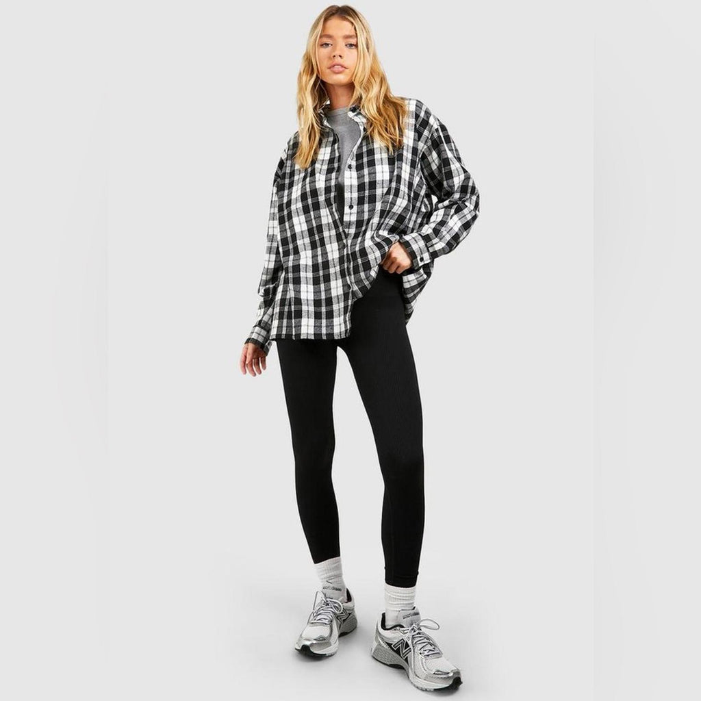 Boohoo Black/White Flannel Oversized Shirt, Size XL New w/Tag