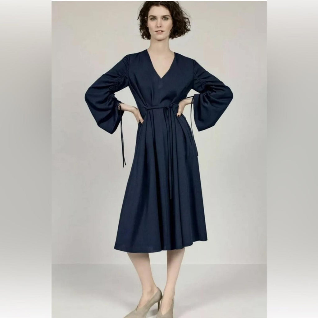 TIBI Ruched Convertible Bell Sleeve Cinched Stretch Crepe Dress Size 10 NWT $595