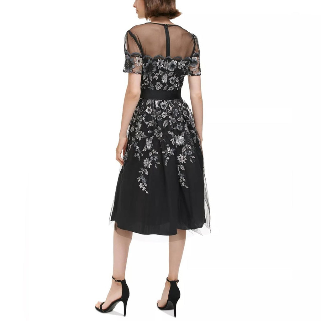 Eliza J. Embroidered Illusion Fit & Flare Dress w/Pockets Black Size 2 New w/Tag