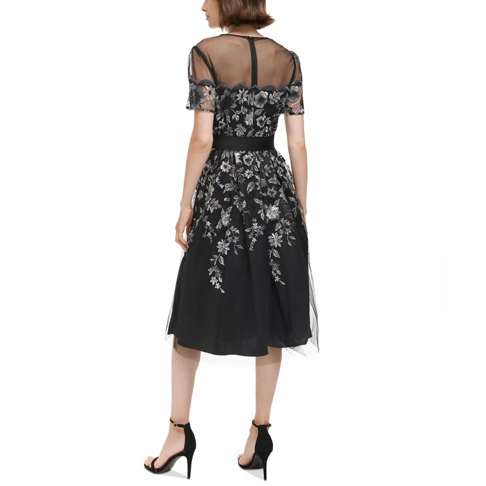 Eliza J. Embroidered Illusion Fit & Flare Dress w/Pockets Black Size 2 New w/Tag