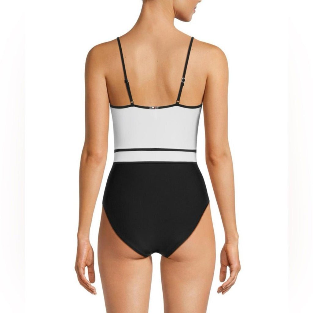 Tommy Hilfiger Colorblock Tie Front One Piece Swimsuit Black/White Size 14 NWT