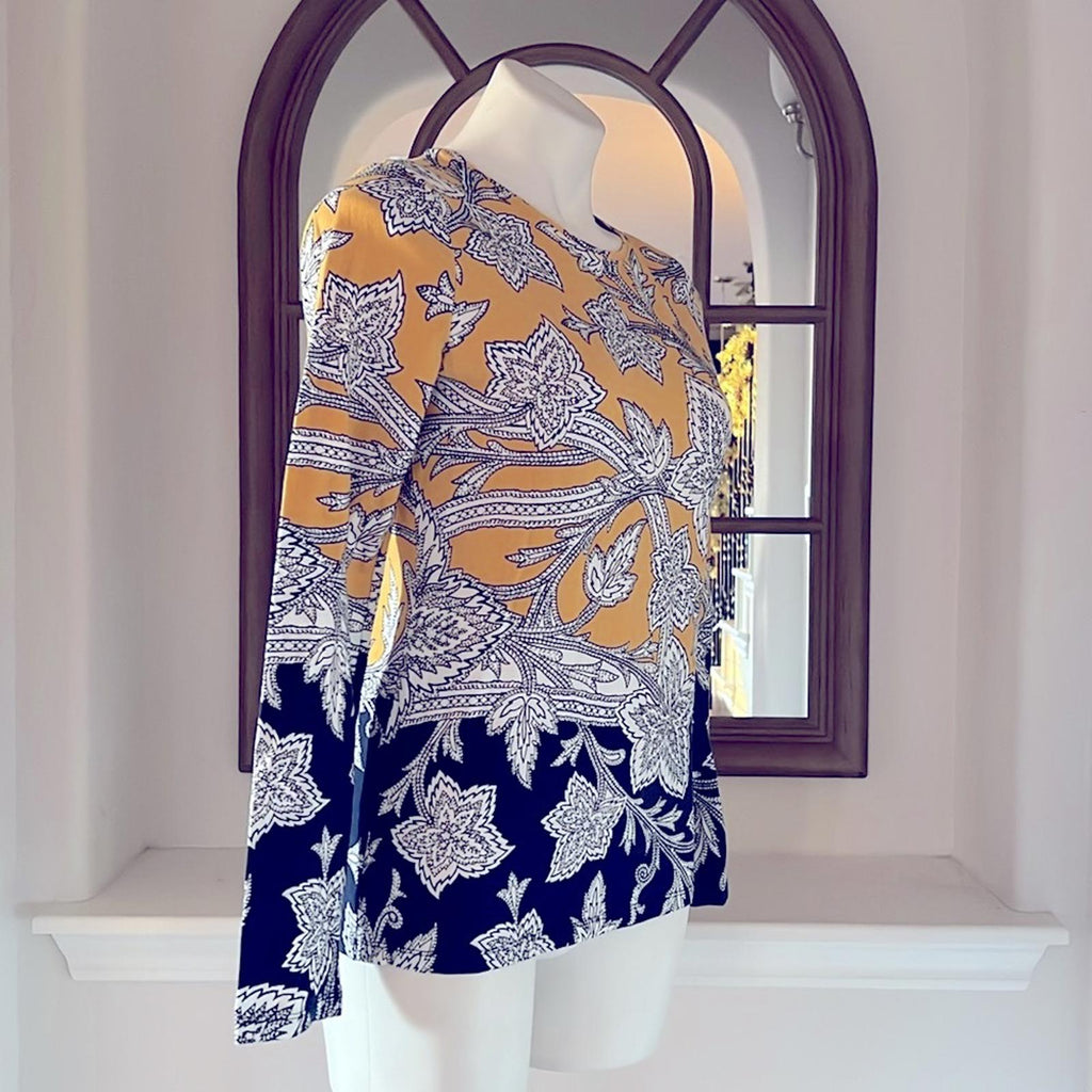 The Talbots Tee Pima Crewneck Tee, Paisley Floral, Yellow Blue Size S EXCELLENT!